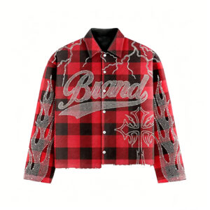 Low Shrink Plaid Flame Print Cropped Flannel Shirt Jacket, Men’s Relaxed Fit Vintage Streetwear Button Down Jacket, Custom Logo Wholesale