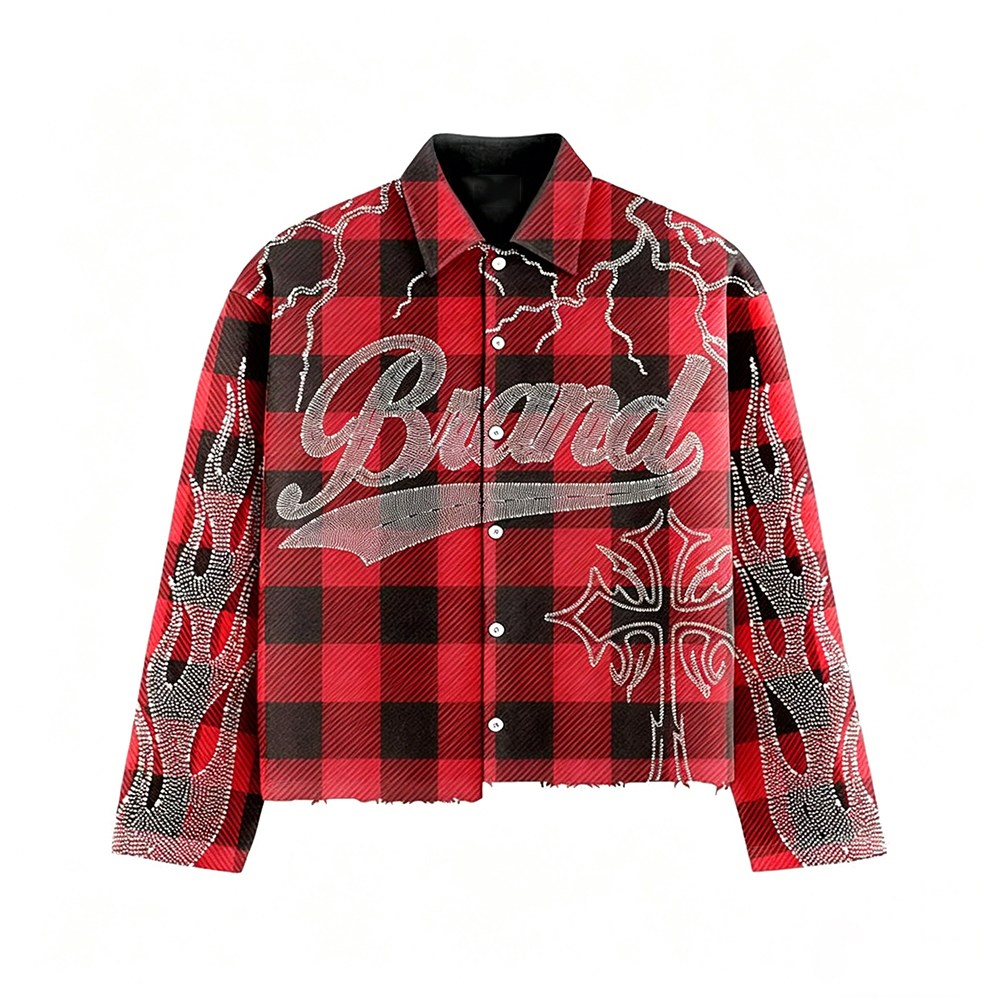 Low Shrink Plaid Flame Print Cropped Flannel Shirt Jacket, Men’s Relaxed Fit Vintage Streetwear Button Down Jacket, Custom Logo Wholesale