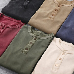 Men Vintage Washed Waffle Knit Henley Long Sleeve Shirt, 3 Button Placket Crew Neck Thermal Top, Low Shrink Casual Retro Pullover Custom Embroidery Logo