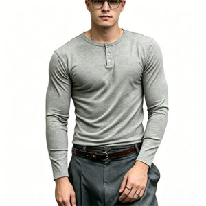 Men Slim Fit Ribbed Henley Long Sleeve T-Shirt, 3 Button Placket Stretch Thermal Top, Low Shrink Casual Old Money Base Layer Custom Logo
