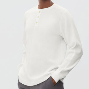 Men Waffle Knit Long Sleeve Henley Shirt, Raglan Sleeve Low Shrink Thermal Textured Casual Crew Neck Pullover Basic Layering Tee Custom Logo
