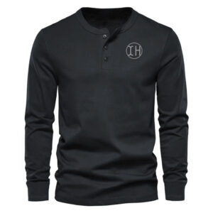 Men Henley Collar Long Sleeve T-Shirt, 3 Buttons Preshrunk Low Shrink Cotton Blend Casual Base Layer Top, Minimal Chest Logo Print Daily Wear Tee Custom Logo