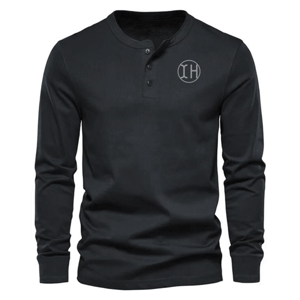 Men Henley Collar Long Sleeve T-Shirt, 3 Buttons Preshrunk Low Shrink Cotton Blend Casual Base Layer Top, Minimal Chest Logo Print Daily Wear Tee Custom Logo