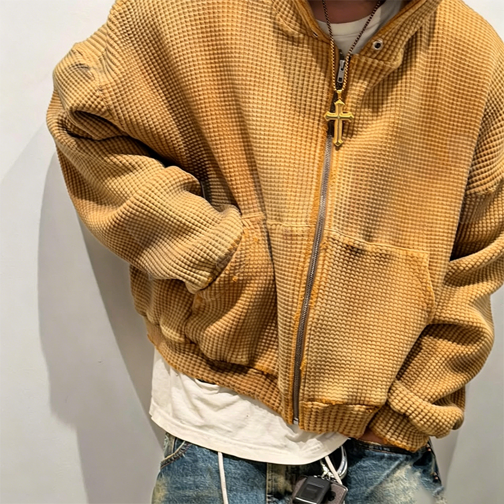 Unisex Waffle Knit Cropped Zip Up Hoodie, Vintage Washed Distressed Oversized Drop Shoulder Hooded Jacket, Pre-Shrunk Low Shrink Textured Streetwear Zip Hoodie Custom Logo