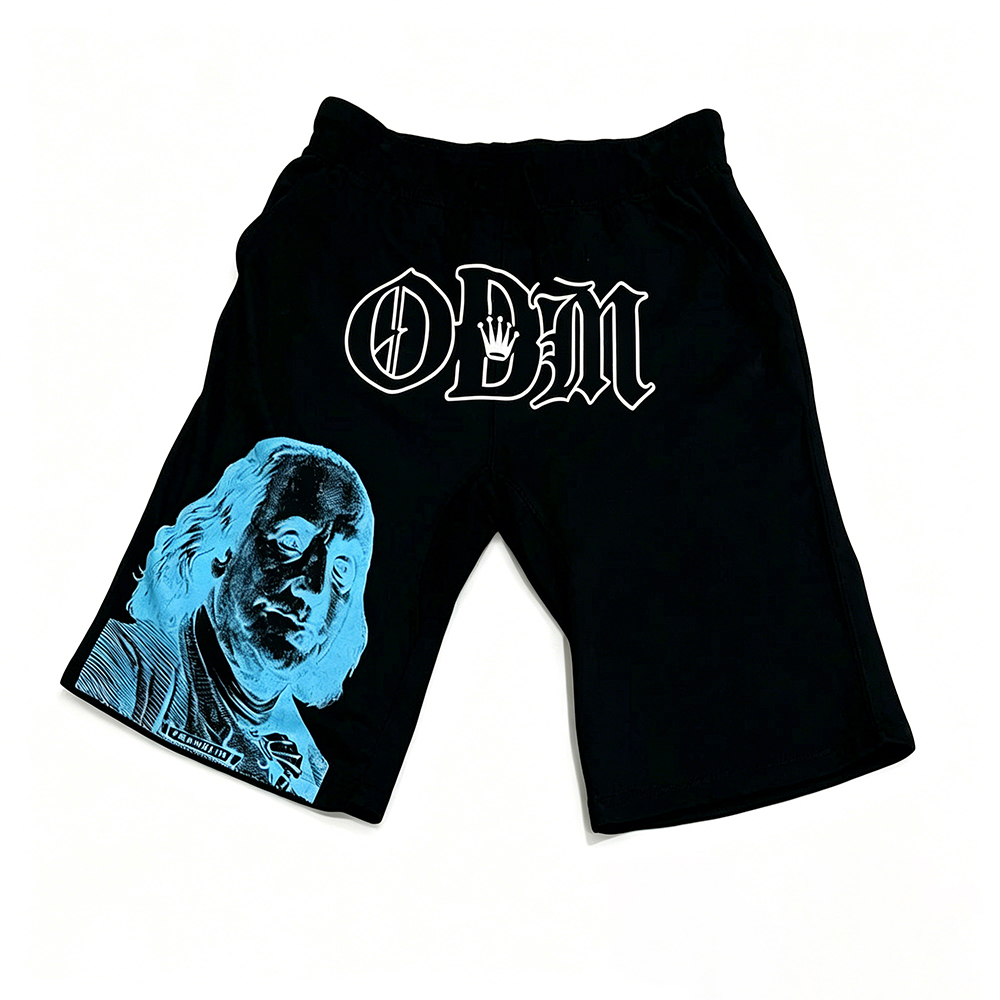 Men Low Shrink Franklin Portrait Graphic Print Sweat Shorts, Drawstring Elastic Waist Knee Length Hip Hop Streetwear Jersey Shorts Custom Logo ****