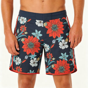 Men Low Shrink Floral Print Boardshorts, Drawstring Waist Split Hem Quick Dry Swim Trunks, Tropical Beach Surf Casual Shorts Custom Logo ****