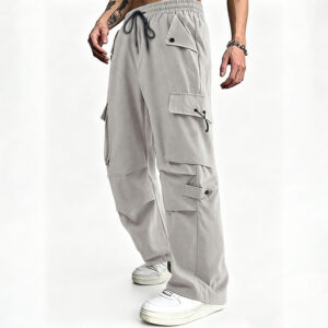 Men Low Shrink Multi-Pocket Cargo Pants, Elastic Drawstring Waist Wide Leg Streetwear Trousers, Adjustable Strap Loose Straight Casual Cargo Pants Custom Embroidery Logo