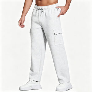 Men Low Shrink Fleece Cargo Sweatpants, Elastic Drawstring Waist Straight Leg Casual Track Pants, Multi Side Pocket Loose Workout Jogger Pants Custom Logo