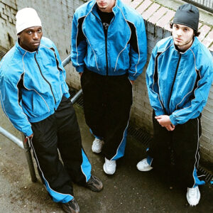 Low Shrink Color Block Windbreaker Tracksuit, Cropped Stand Collar 3 Stripes Zip Jacket & Wide Leg Drawstring Pants, Y2K Unisex Streetwear Tracksuit Custom Logo