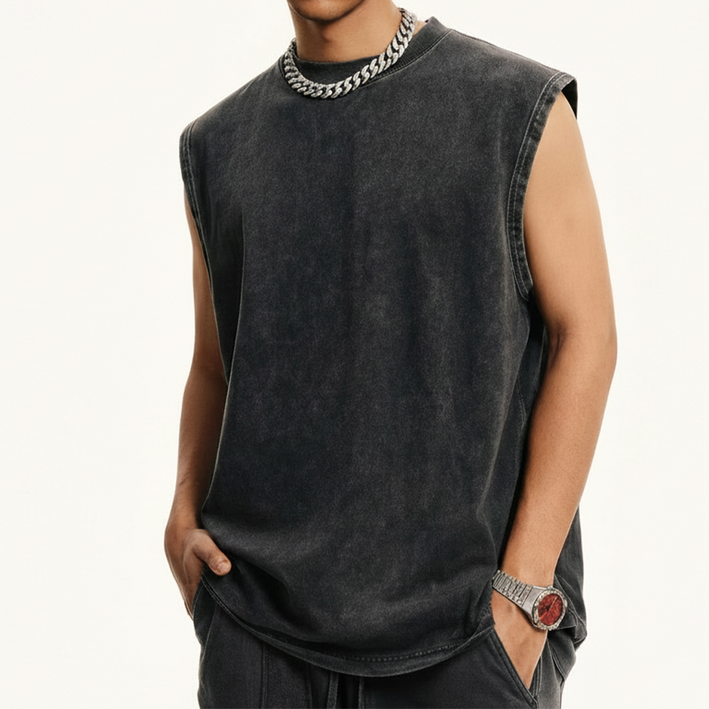 Men Vintage Washed Sleeveless Tank Top, Heavyweight Pre-Shrunk Cotton Cut Off Muscle Tee, Low Shrink Distressed Oversized Streetwear Vest Blank Custom Logo