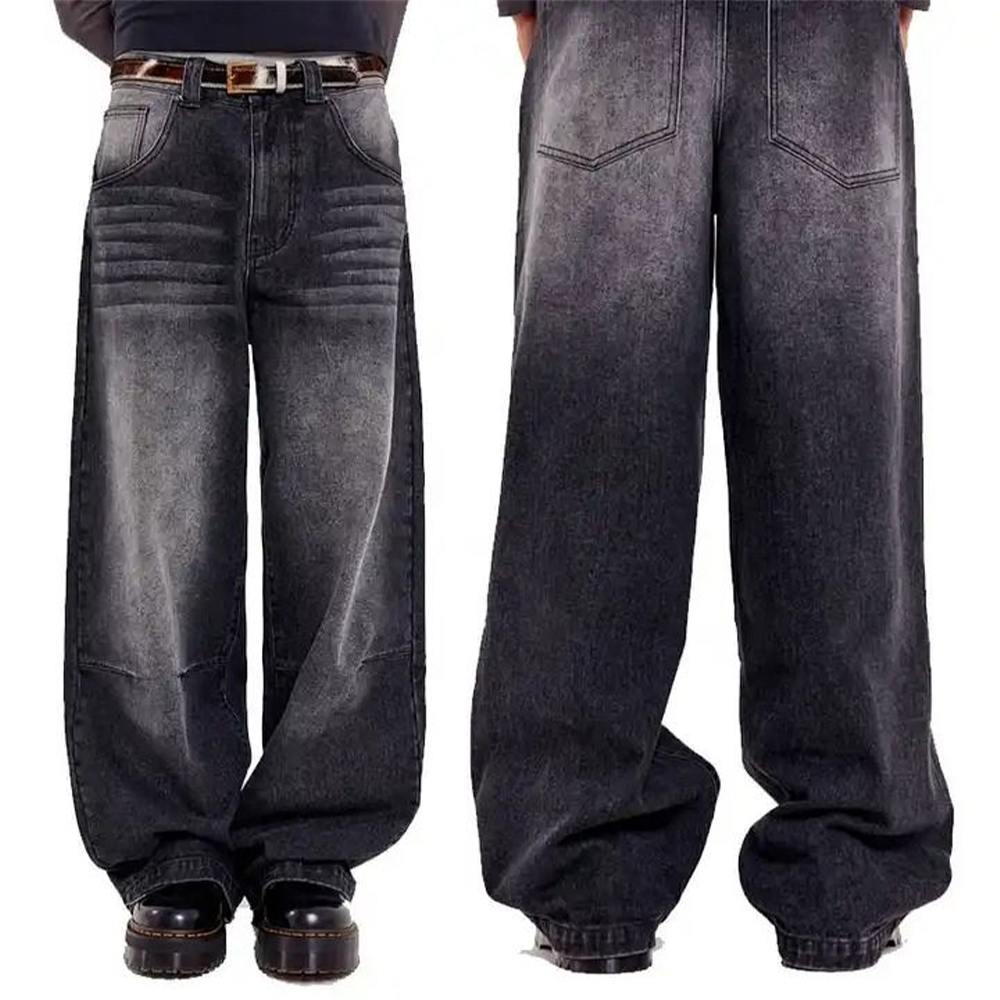 EN: Men Vintage Washed Wide Leg Baggy Jeans, Low Shrink Cotton Poly Blend High Waist Loose Denim Pants, Y2K Streetwear Distressed Baggy Denim Trousers Custom Logo Wholesale