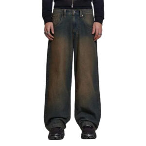 Men Low Shrink Vintage Faded Baggy Wide Leg Jeans, Dark Acid Wash Distressed Loose Denim Pants Streetwear