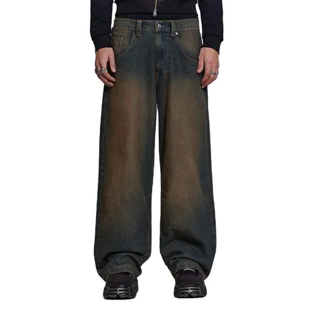 Men Low Shrink Vintage Faded Baggy Wide Leg Jeans, Dark Acid Wash Distressed Loose Denim Pants Streetwear