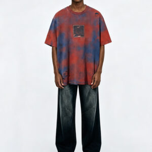 Unisex Vintage Tie Dye Distressed Oversized T-Shirt, Washed Destroyed Hole Square Graphic Crew Neck Tee, Pre-Shrunk Low Shrink Heavyweight Streetwear Short Sleeve Top
