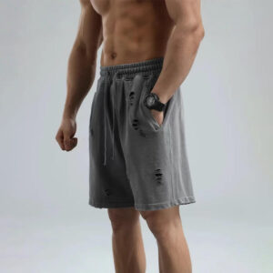 Men Low Shrink Vintage Washed Ripped Sweat Shorts, Distressed Raw Edge Drawstring Elastic Waist Knee Length French Terry Streetwear Gym Shorts Custom Logo ****