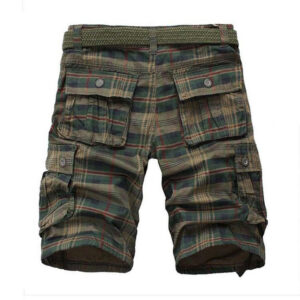 Men Low Shrink Plaid Cargo Shorts, Cotton Vintage Check Multi Pocket Knee Length Casual Outdoor Shorts With Free Belt Custom Logo