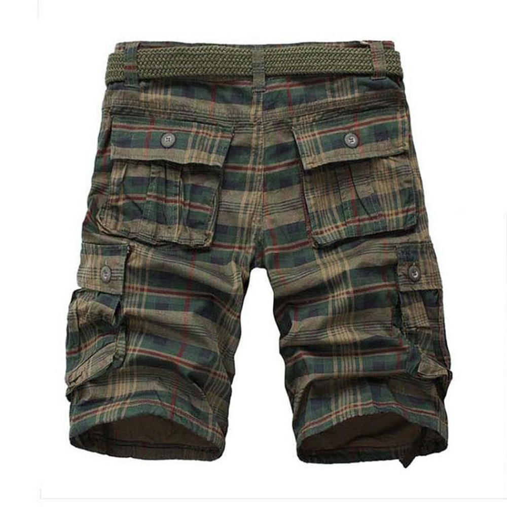 Men Low Shrink Plaid Cargo Shorts, Cotton Vintage Check Multi Pocket Knee Length Casual Outdoor Shorts With Free Belt Custom Logo