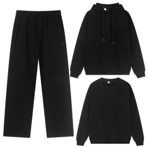 Unisex Low Shrink Blank French Fleece Tracksuit Set, Crewneck Sweatshirt, Zip Up Hoodie & Wide Leg Sweatpants, Plain Basic Custom Logo Wholesale Outfit