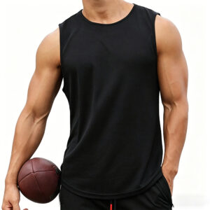 Men Crew Neck Quick Dry Gym Tank Top, Drop Armhole Curved Hem Athletic Sleeveless Shirt, Low Shrink Lightweight Basketball Workout Vest Custom Logo