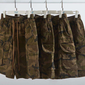 Men Vintage Woodland Camo Cargo Shorts Elastic Drawstring Waist Multi Flap Pocket Loose Knee Length Outdoor Street Casual Shorts