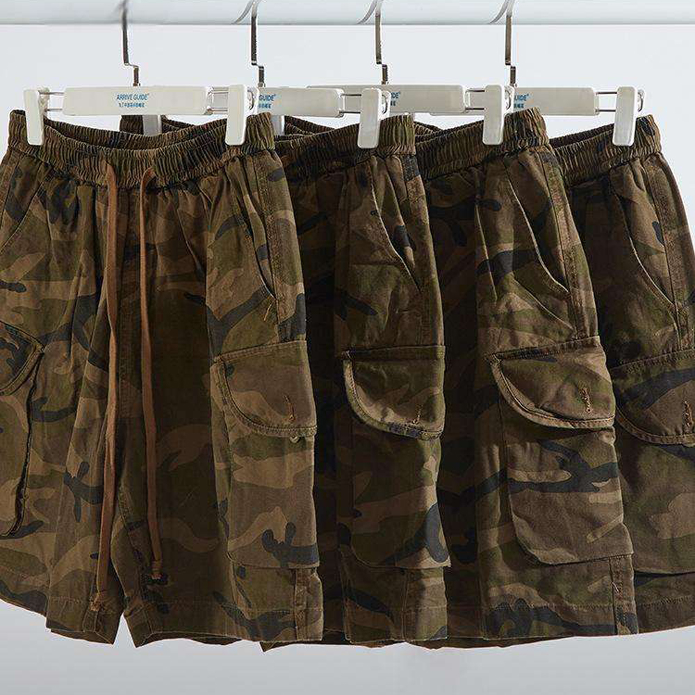 Men Vintage Woodland Camo Cargo Shorts Elastic Drawstring Waist Multi Flap Pocket Loose Knee Length Outdoor Street Casual Shorts