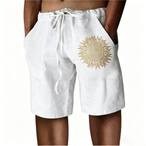 Men Vintage Sun Graphic Linen Blend Shorts Elastic Drawstring Waist Loose Knee Length Bohemian Casual Beach Shorts