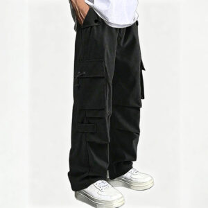Men's Multi Pocket Cargo Pants, Elastic Waist Drawstring Wide Leg Baggy Work Pants Casual Streetwear Parachute Trousers