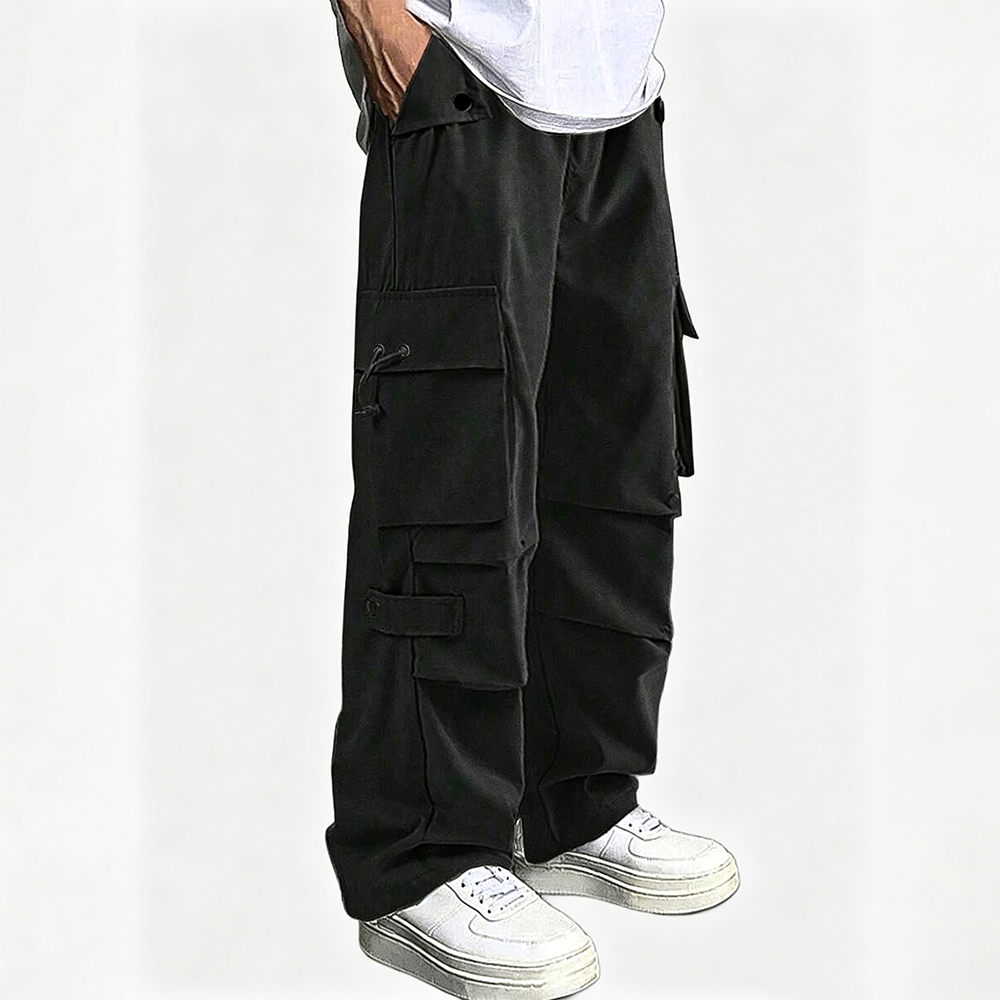 Men's Multi Pocket Cargo Pants, Elastic Waist Drawstring Wide Leg Baggy Work Pants Casual Streetwear Parachute Trousers