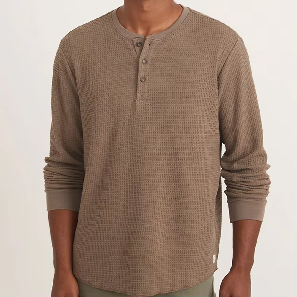 Men Washed Waffle Knit Long Sleeve Henley Shirt, 3 Button Crew Neck Low Shrink Thermal Textured Vintage Casual Layering Long Sleeve T-Shirt Custom Logo