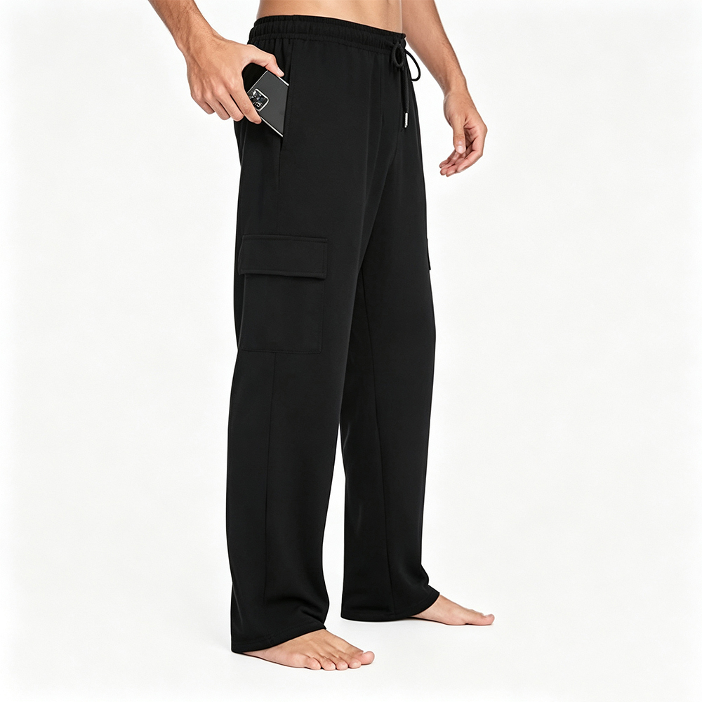 Men Wide Straight Leg Cargo Sweatpants Elastic Drawstring Waist Multi Pocket Casual Streetwear Knit Trousers