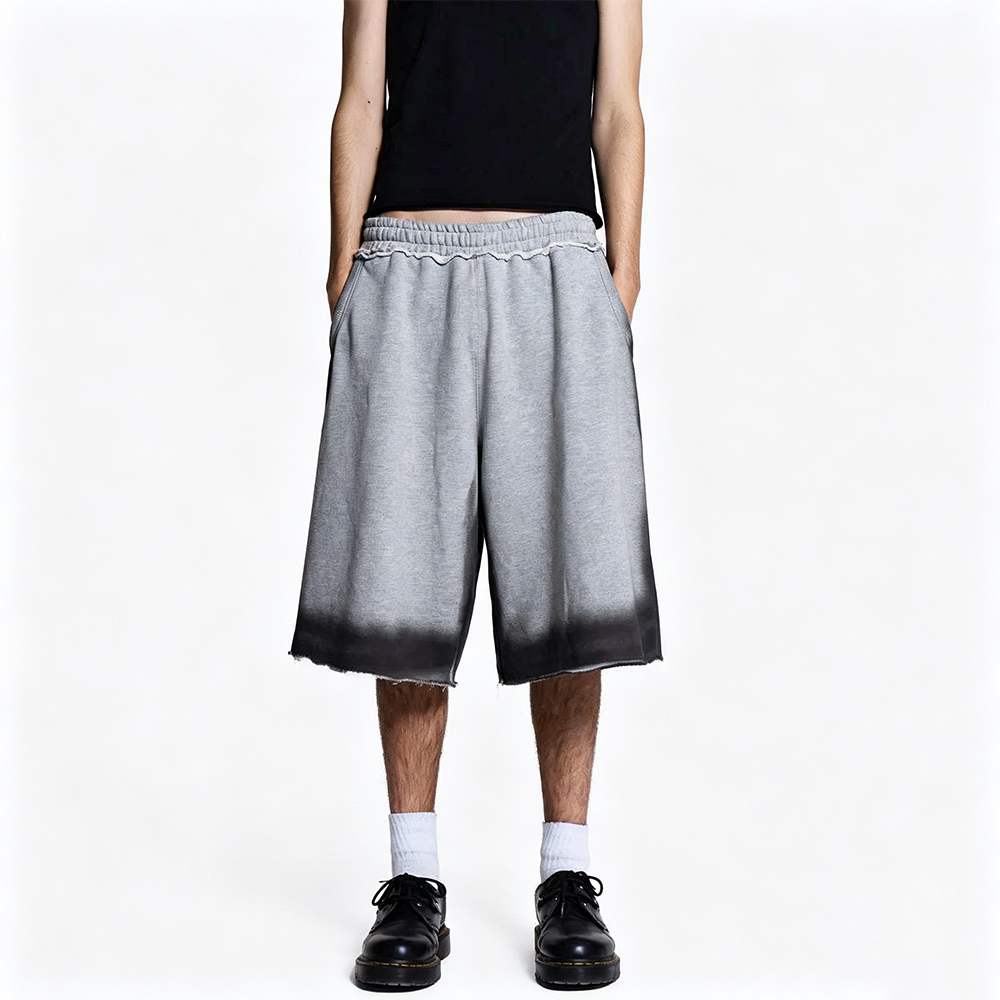 Men Gradient Dip Dye Baggy Bermuda Sweat Shorts, Faux Two Layer Ruffle Waist Raw Edge Wide Leg Jorts Y2K Streetwear Loose Knit Knee Length Shorts
