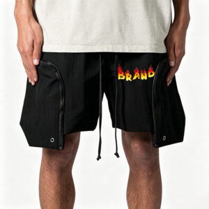 Men Low Shrink Streetwear Cargo Shorts, Side Zip Detachable Panel Drawstring Waist Loose Knee Length Techwear Shorts Custom Flame Logo Print ****