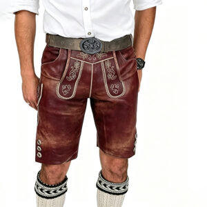 Men Low Shrink Faux Leather Bavarian Lederhosen Shorts, Floral Embroidery Oktoberfest Knee Length Costume Shorts With Matching Belt, Traditional German Festival Casual Shorts Custom Logo