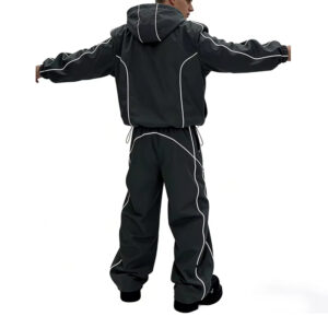 Men Geometric White Stripe Tracksuit Set, Low Shrink Windproof Hooded Zip Up Jacket & Wide Leg Pants Streetwear Outfit Custom Logo ****