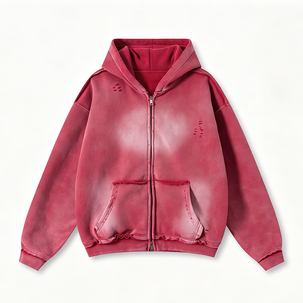 Men 400GSM Heavyweight Acid Wash Zip Up Hoodie, Vintage Distressed Ripped Double Zipper Hooded Jacket, Low Shrink Oversized Streetwear Blank Hoodie Custom Logo Wholesale