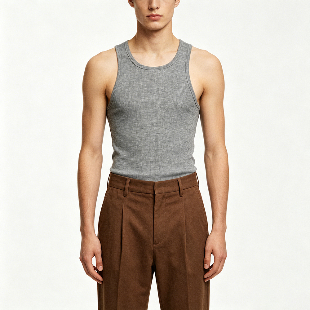 Low Shrink Ribbed Knit Men Tank Top, U Neck Sleeveless Slim Fit Workout Tank Shirt, Elastic Basic Undershirt Custom Logo Wholesale