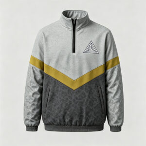 Men Color Block Half Zip Stand Collar Sweatshirt, V-Shaped Chevron Panel Retro Athletic Pullover, Pre-Shrunk Low Shrink Camo Texture Casual Training Top Custom Triangle Logo