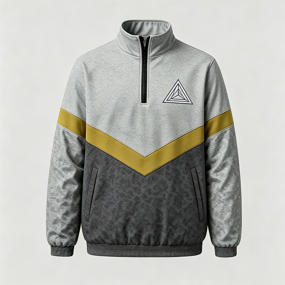 Men Color Block Half Zip Stand Collar Sweatshirt, V-Shaped Chevron Panel Retro Athletic Pullover, Pre-Shrunk Low Shrink Camo Texture Casual Training Top Custom Triangle Logo