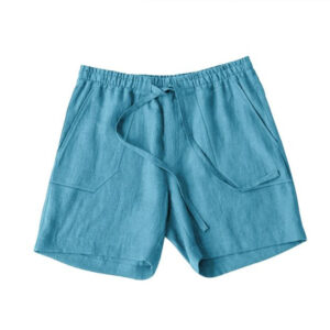 Men Low Shrink 100% Linen Casual Shorts, Elastic Waist Drawstring Patch Pocket Lightweight Breathable Summer Vacation Beach Shorts Custom Logo ****