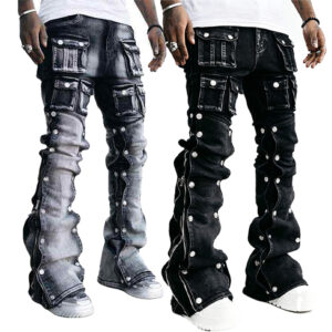 Men Multi Cargo Pocket Stacked Flare Jeans, Vintage Washed Button Split Side Zipper Bootcut Denim Pants Hip Hop Streetwear Stacked Boot Cut Jeans