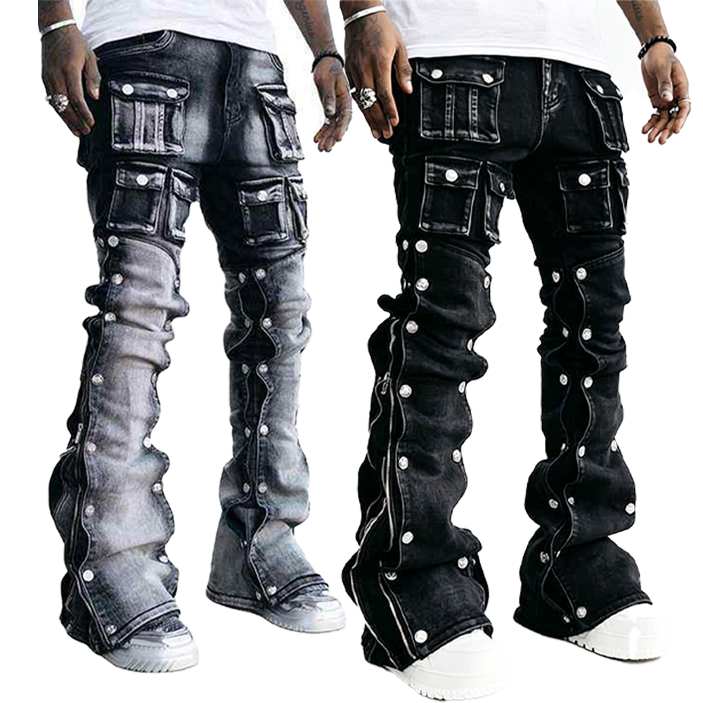 Men Multi Cargo Pocket Stacked Flare Jeans, Vintage Washed Button Split Side Zipper Bootcut Denim Pants Hip Hop Streetwear Stacked Boot Cut Jeans