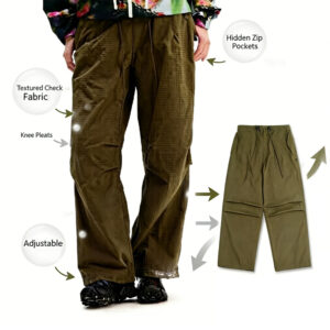 Men Grid Ripstop Parachute Cargo Pants, Elastic Drawstring Waist Baggy Wide Leg Quick Dry Lightweight Outdoor Hiking Casual Streetwear Trousers