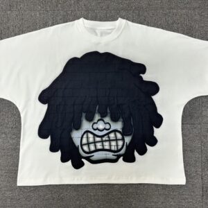 Unisex White Concrete Closet Brick Cartoon Cropped Boxy T-Shirt, Front Angry Dreadlock Face Back Circle Logo Low Shrink Heavy Cotton Oversized Streetwear Short Sleeve Tee