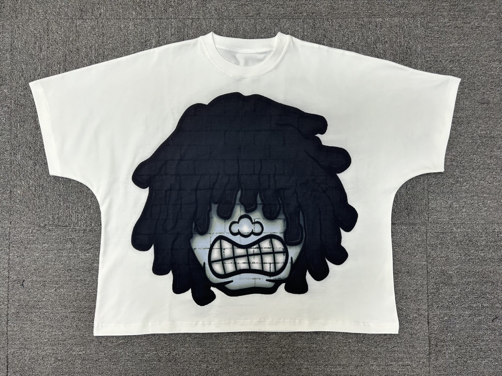 Unisex White Concrete Closet Brick Cartoon Cropped Boxy T-Shirt, Front Angry Dreadlock Face Back Circle Logo Low Shrink Heavy Cotton Oversized Streetwear Short Sleeve Tee