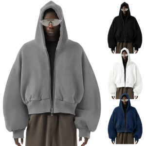 Low‑Shrink Winter Heavy Fleece Cropped Zip Up Hoodie Men, Oversized Drop Shoulder Double Zipper Boxy Full Zip Hooded Jacket Unisex