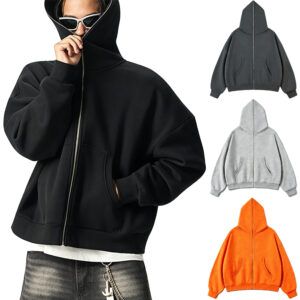 Low‑Shrink Poly Cotton Blend Full Zip Hoodie Men, Fleece Lined Cropped Boxy Oversized Drop Shoulder Hooded Jacket Unisex