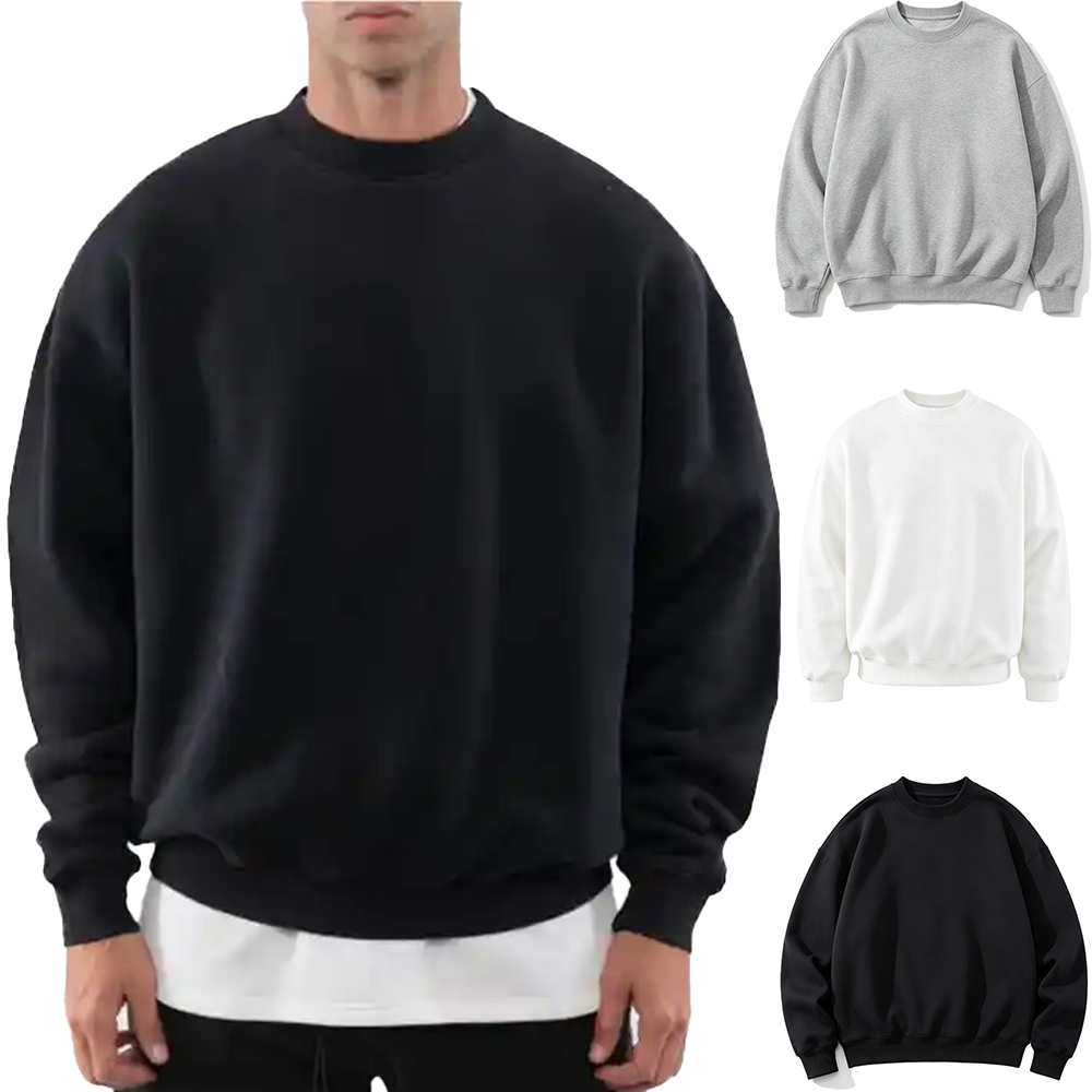 Low‑Shrink 100% Cotton Knit Men Oversized Crewneck Sweatshirt, Drop Shoulder Loose Casual Plain Pullover for Daily Wear