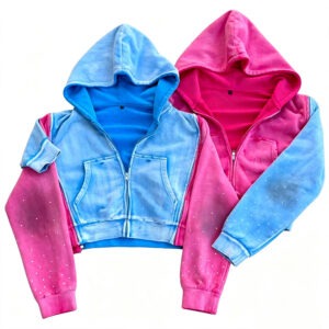 Low‑Shrink 100% Cotton Cropped Zip Up Hoodie, Vintage Wash Color Block Rhinestone Sleeve Oversized Streetwear Hooded Jacket