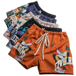 Low Shrink All Over Print Mesh Mens Shorts, Elastic Drawstring Casual Street Shorts With Pockets