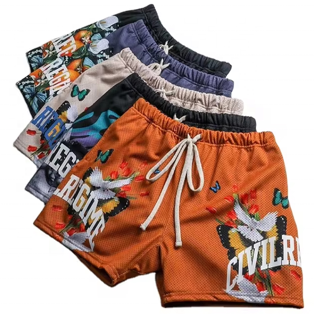 Low Shrink All Over Print Mesh Mens Shorts, Elastic Drawstring Casual Street Shorts With Pockets